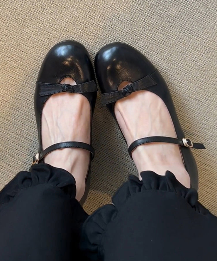 Black Sheepskin Bow Splicing Buckle Strap Chunky Shoes