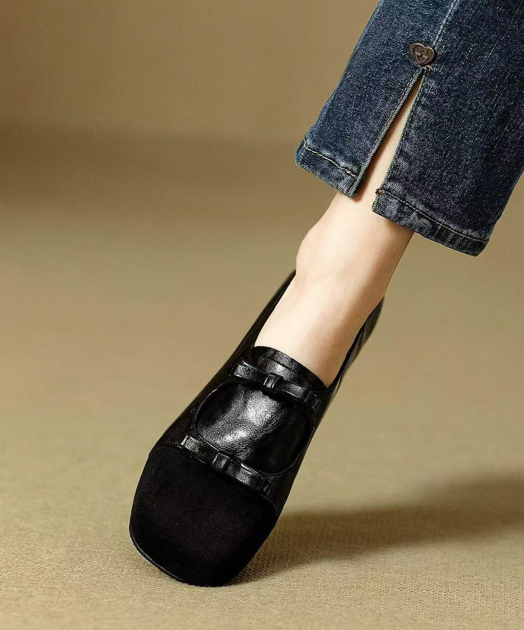 Black Sheepskin Chunky High Heels Splicing Suede Bow