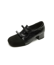 Black Sheepskin Chunky High Heels Splicing Suede Bow