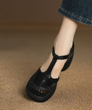 Black Sheepskin Hollow Out Buckle Strap Splicing Chunky Heel Sandals