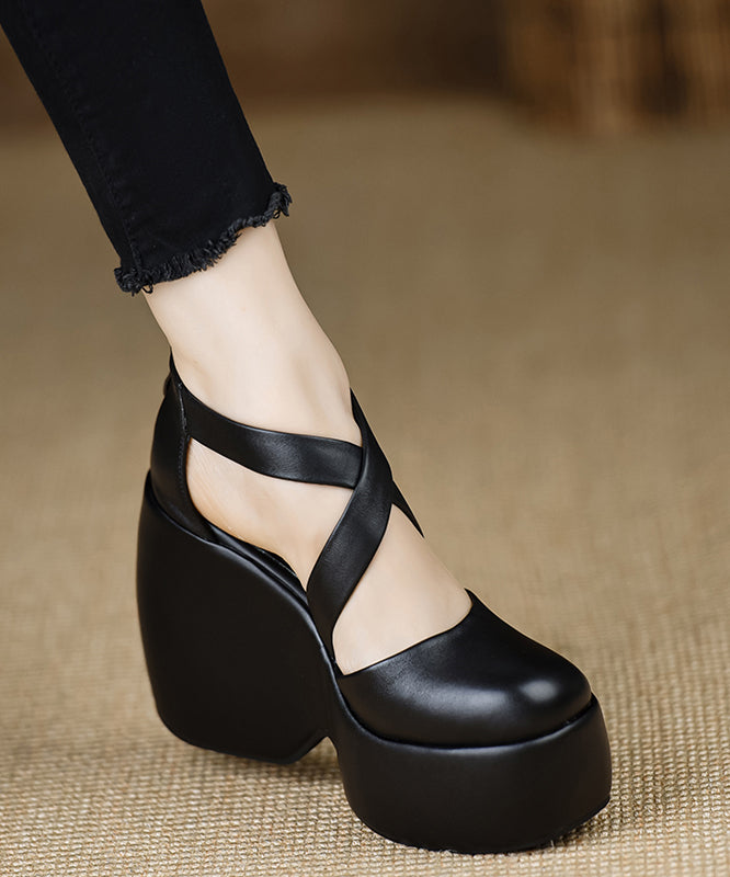 Black Sheepskin Stylish Splicing Cross Strap Wedge High Heels
