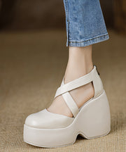 Black Sheepskin Stylish Splicing Cross Strap Wedge High Heels