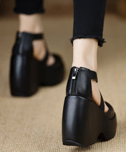 Black Sheepskin Stylish Splicing Cross Strap Wedge High Heels