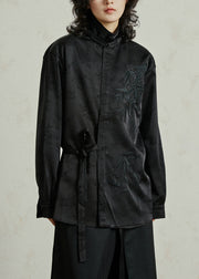 Black Shirt Embroidered Tie Waist Fall