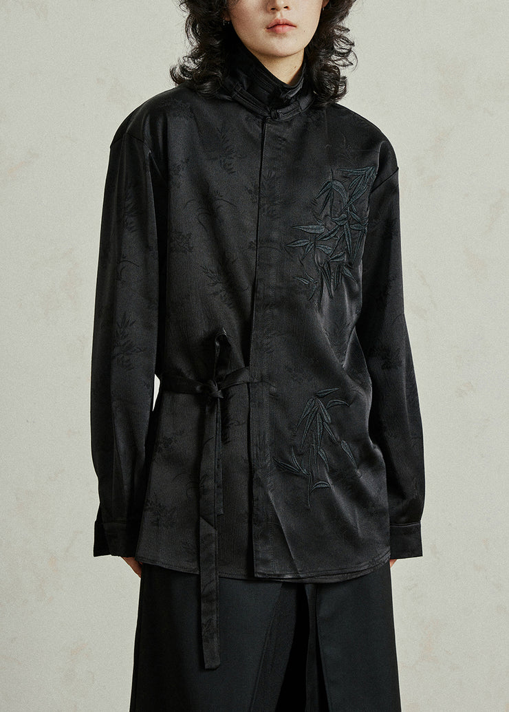 Black Shirt Embroidered Tie Waist Fall