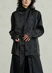 Black Shirt Embroidered Tie Waist Fall