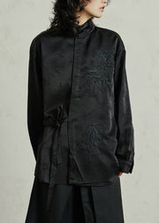 Black Shirt Embroidered Tie Waist Fall