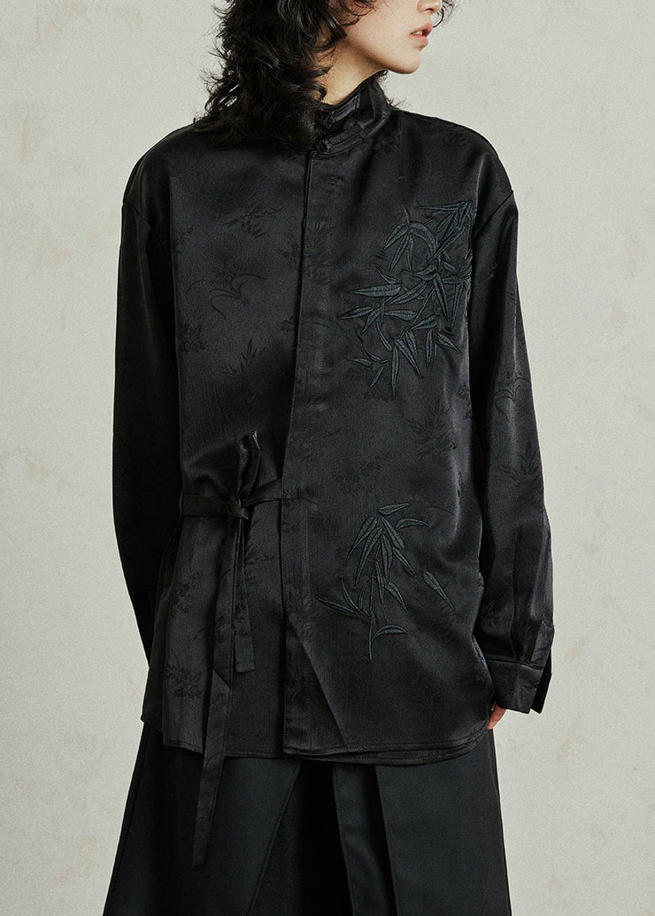 Black Shirt Embroidered Tie Waist Fall