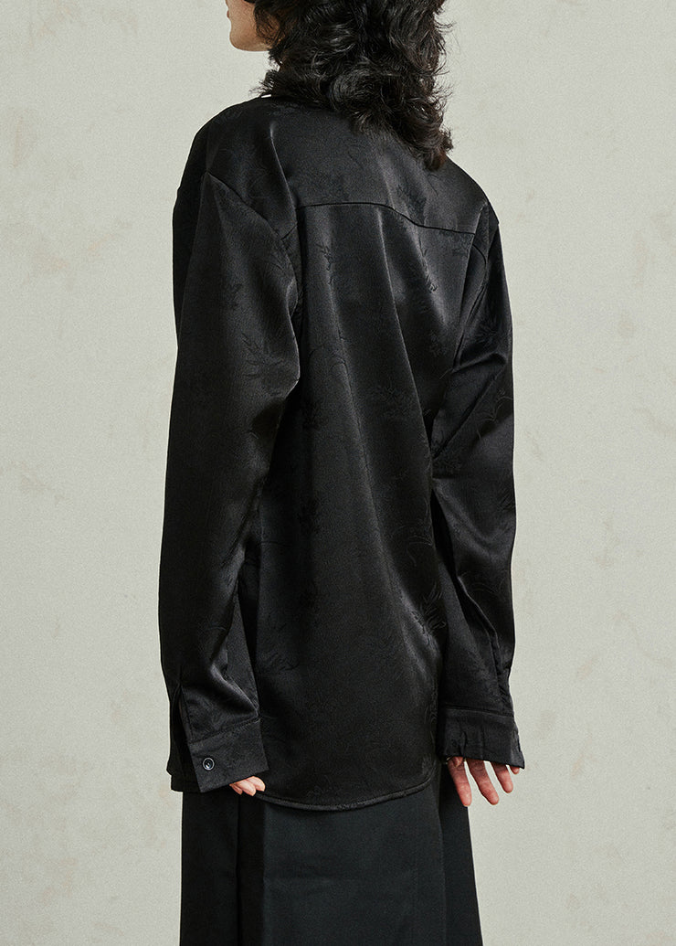 Black Shirt Embroidered Tie Waist Fall