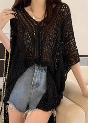 Black Side Open Cinched Knit Top Hollow Out Summer