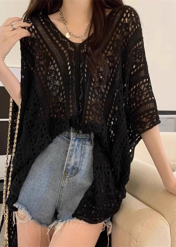 Black Side Open Cinched Knit Top Hollow Out Summer