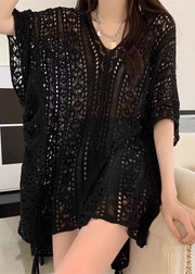 Black Side Open Cinched Knit Top Hollow Out Summer