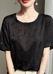 Black Side Open Silk Shirts O Neck Summer