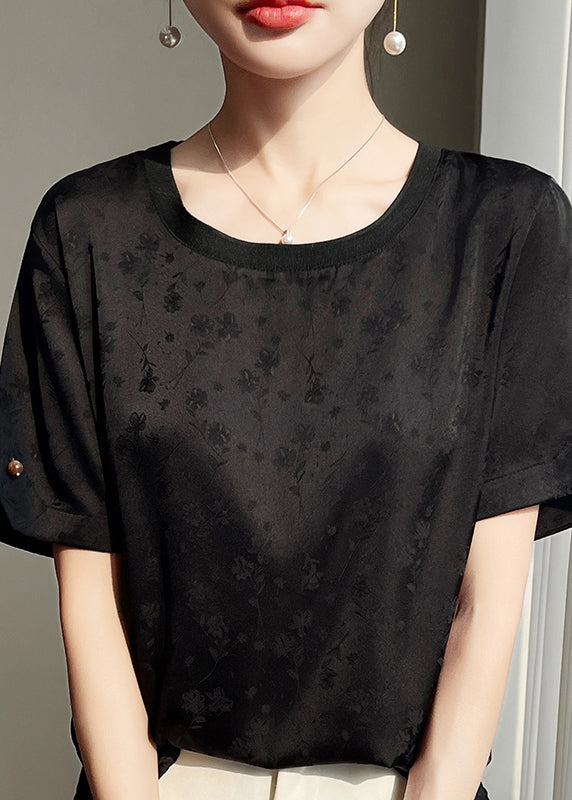 Black Side Open Silk Shirts O Neck Summer