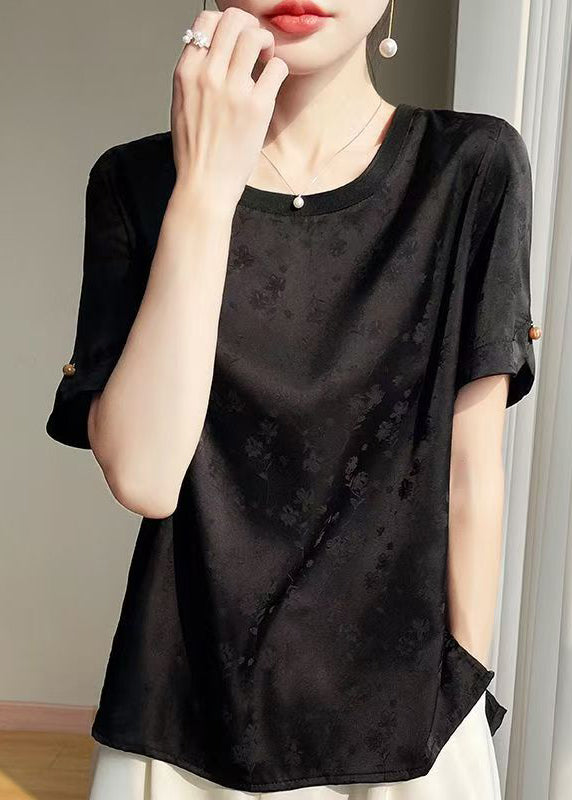 Black Side Open Silk Shirts O Neck Summer