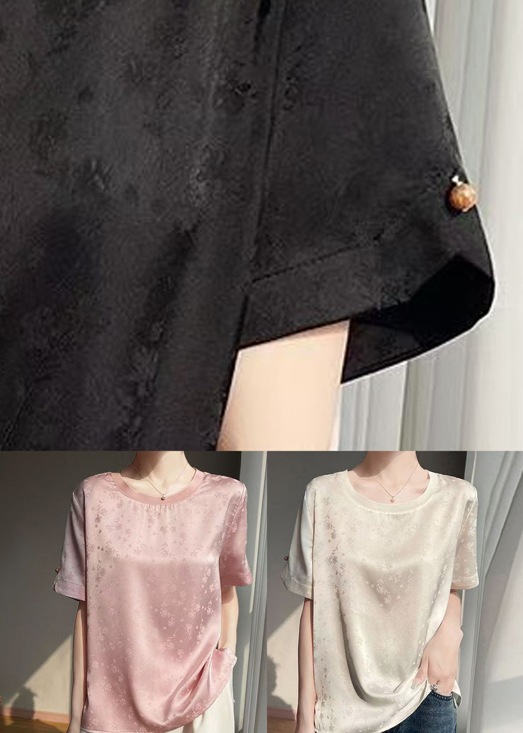 Black Side Open Silk Shirts O Neck Summer