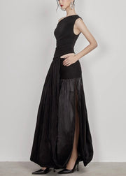 Black Side Open Solid Cotton Long Dress Cold Shoulder Sleeveless