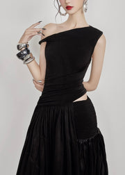 Black Side Open Solid Cotton Long Dress Cold Shoulder Sleeveless