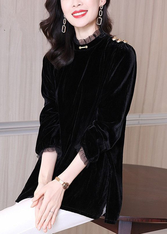 Black Silk Velour Side Open Tops Puff Sleeve