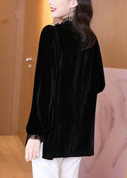 Black Silk Velour Side Open Tops Puff Sleeve