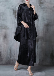 Black Silk Women Sets 2 Pieces Oversized Wrinkled Spring