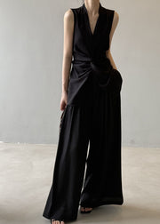 Black Silm Linen Two-Piece Set Asymmetrical Wrinkled Sleeveless