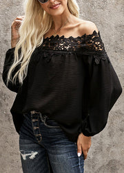 Black Slash Neck Lace Patchwork Shirt Lantern Sleeve