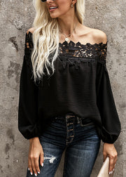 Black Slash Neck Lace Patchwork Shirt Lantern Sleeve