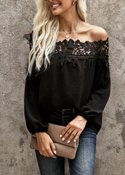 Black Slash Neck Lace Patchwork Shirt Lantern Sleeve