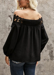 Black Slash Neck Lace Patchwork Shirt Lantern Sleeve