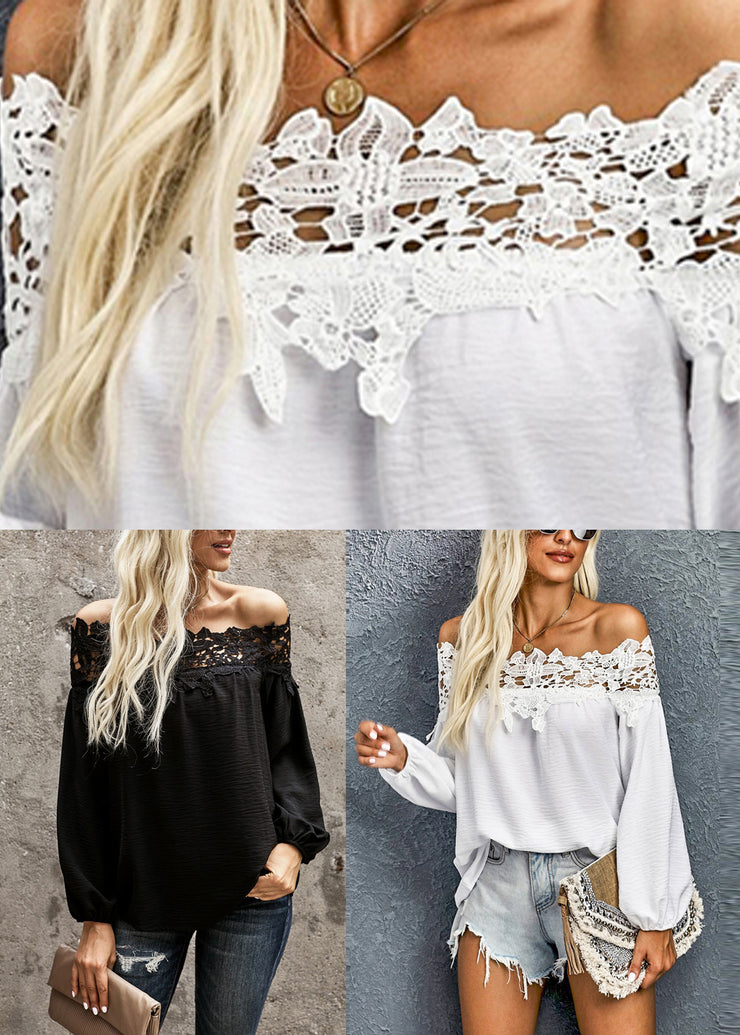 Black Slash Neck Lace Patchwork Shirt Lantern Sleeve