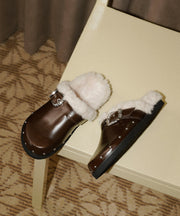 Black Slippers Shoes Faux Leather Chic Rivet Splicing Fuzzy Wool Lined