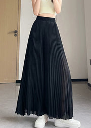 Black Solid Chiffon Summer Wide Leg Pants Elastic Waist