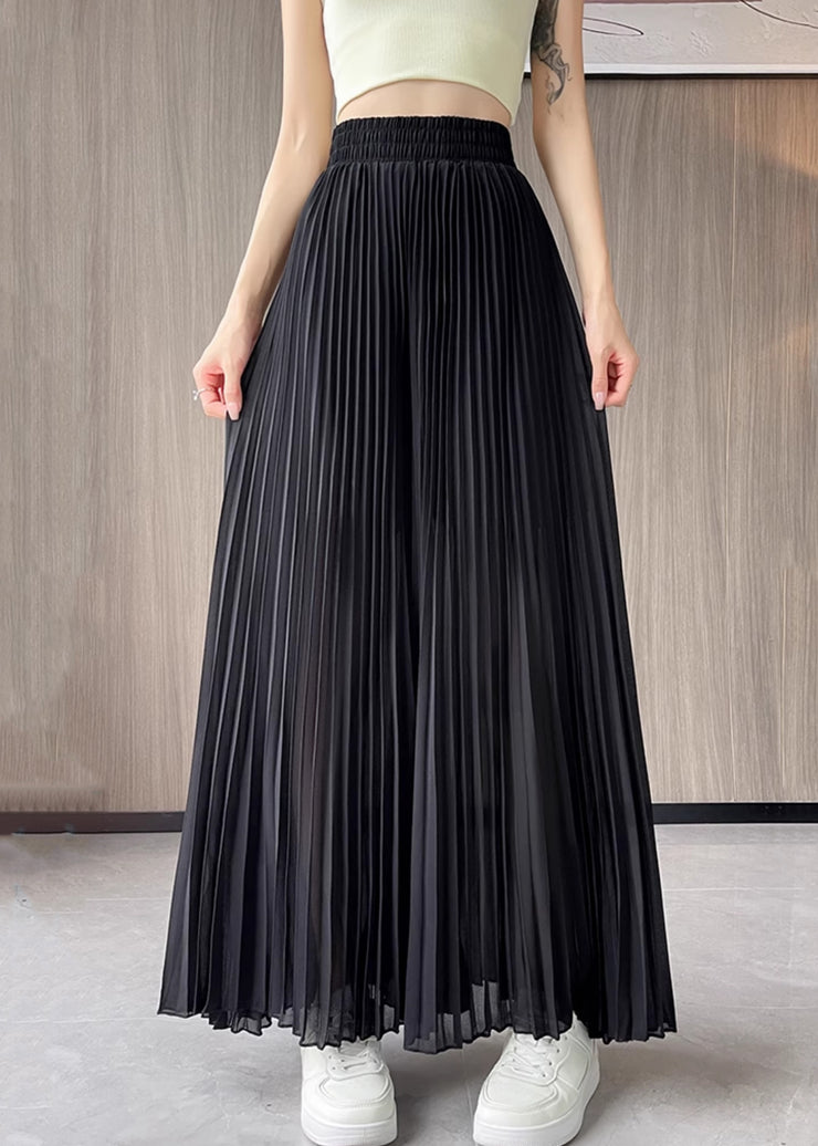 Black Solid Chiffon Summer Wide Leg Pants Elastic Waist