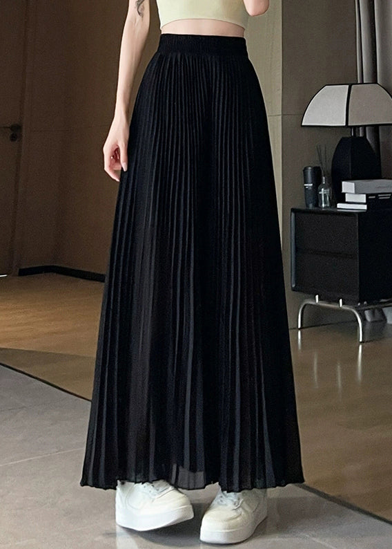 Black Solid Chiffon Summer Wide Leg Pants Elastic Waist