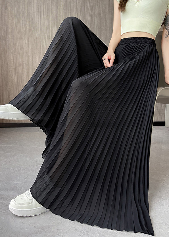 Black Solid Chiffon Summer Wide Leg Pants Elastic Waist