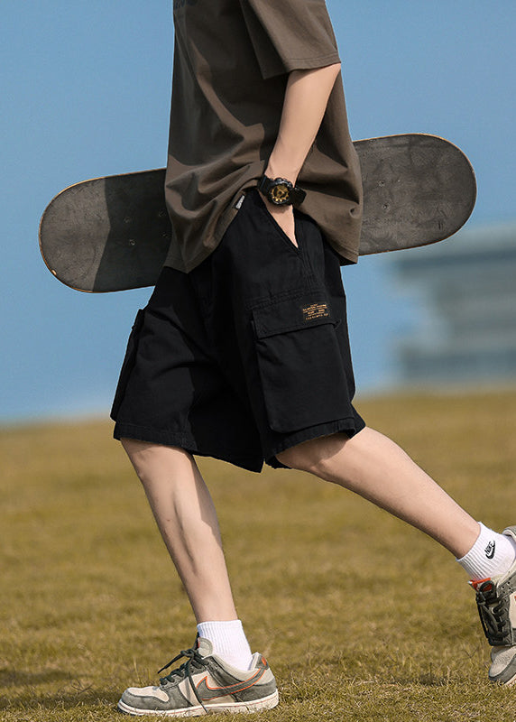 Black Solid Cotton Summer Men Shorts Elastic Waist