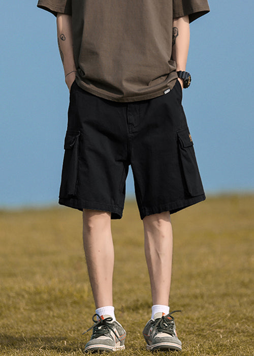 Black Solid Cotton Summer Men Shorts Elastic Waist