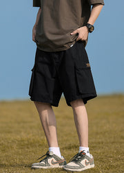 Black Solid Cotton Summer Men Shorts Elastic Waist