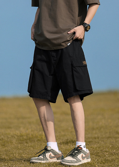 Black Solid Cotton Summer Men Shorts Elastic Waist