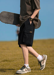 Black Solid Cotton Summer Men Shorts Elastic Waist