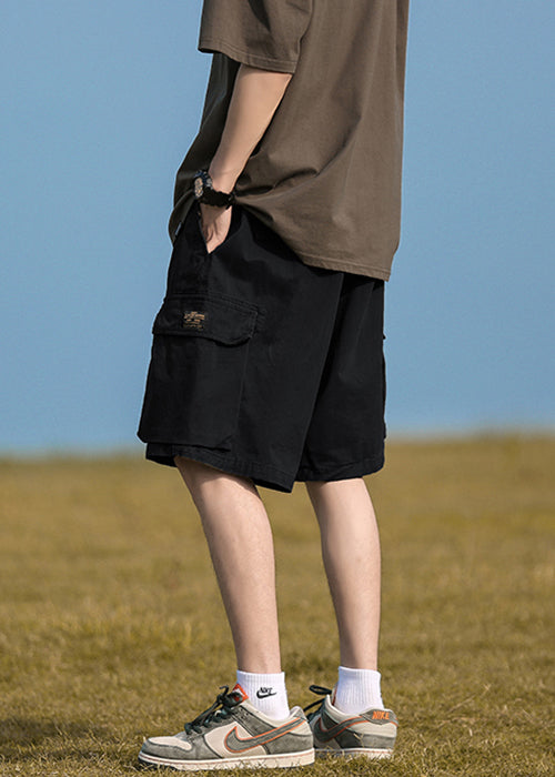 Black Solid Cotton Summer Men Shorts Elastic Waist