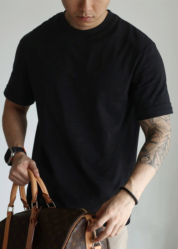 Black Solid Cotton T Shirt Men Casual Clothing O Neck