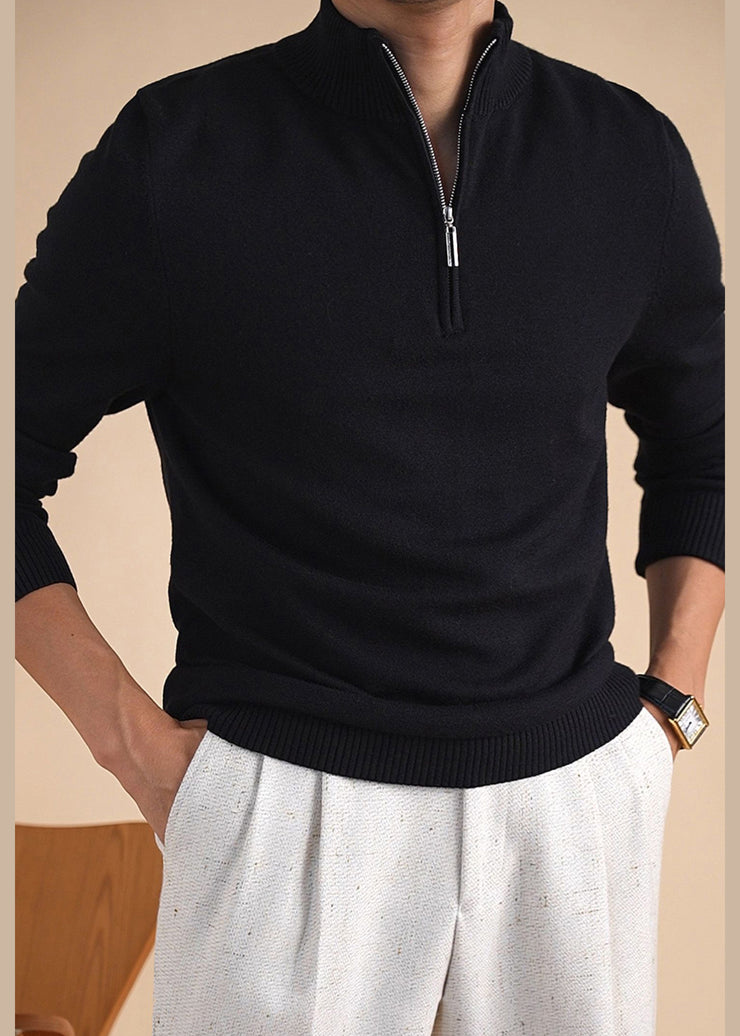 Black Solid Cozy Knit Winter Men Sweater Tops Zip Up