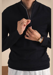 Black Solid Cozy Knit Winter Men Sweater Tops Zip Up