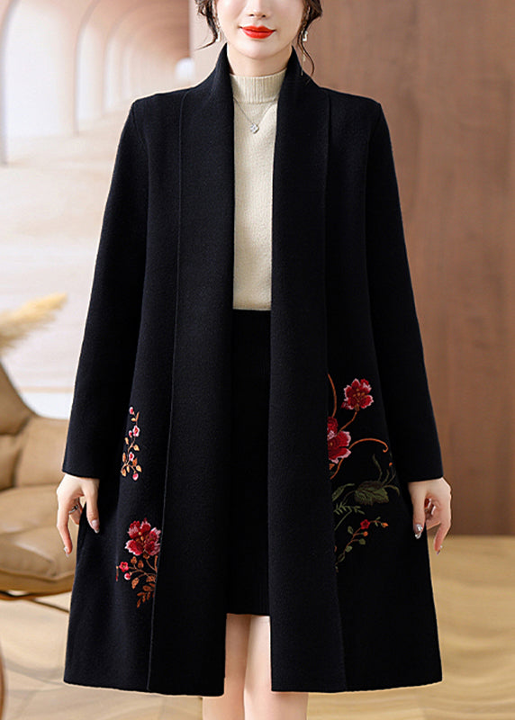 Black Solid Cozy Woolen Maxi Cardigans Fall