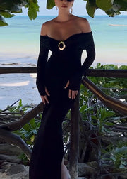 Black Solid High Waist Cotton Spring Long Dress Back Side Open