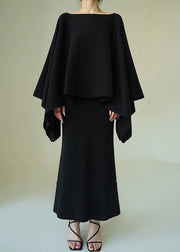 Black Solid Knit Two Pieces Set O-Neck Batwing Sleeve