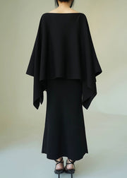 Black Solid Knit Two Pieces Set O-Neck Batwing Sleeve