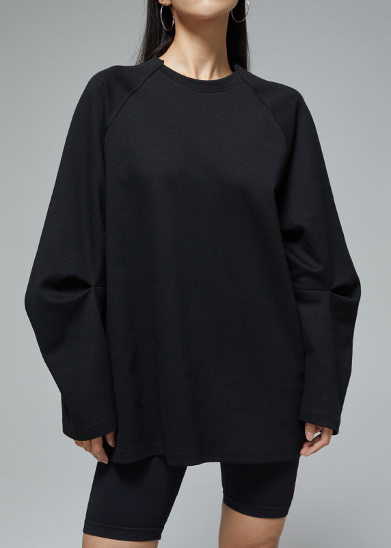 Black Solid Loose Cotton Fall Sweatshirts O Neck